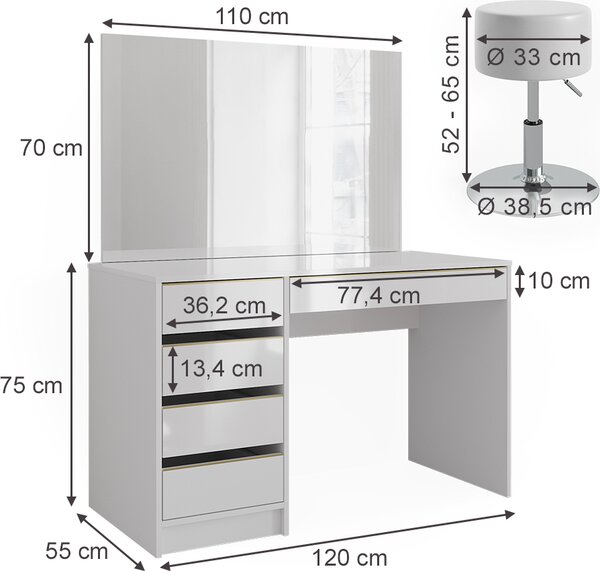 Toaletní stolek Vicco Sherry Bílá/zlatá 120 cm se stoličkou, Model 47710