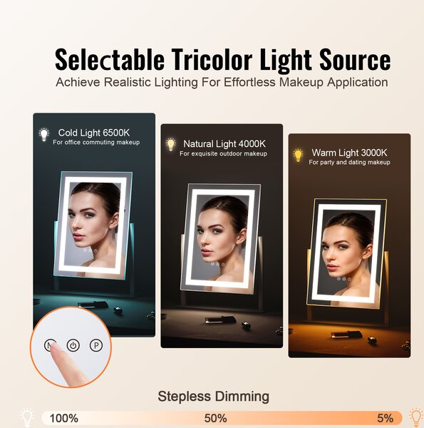 VEVOR Hollywoodské kosmetické zrcátko s LED světlem 41 cmx30 cm 3 barevné režimy 5x zvětšení Chytré dotykové ovládání Otočné o 360°