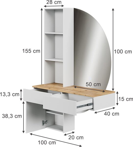Toaletní stolek Vicco Melora Bílá/dub 100 cm se zrcadlem LED, Model 58449
