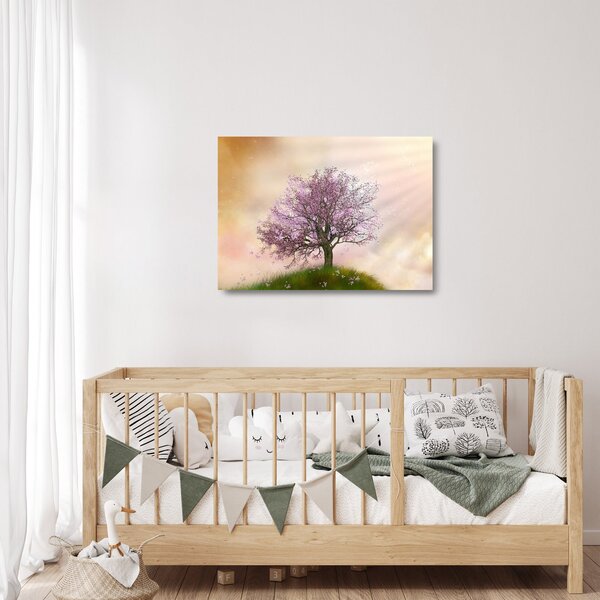 Skleněný obraz rozkvetlého stromu na vrcholku kopce (70x50 cm)