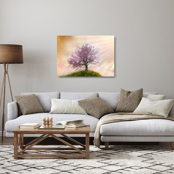 Skleněný obraz rozkvetlého stromu na vrcholku kopce (70x50 cm)