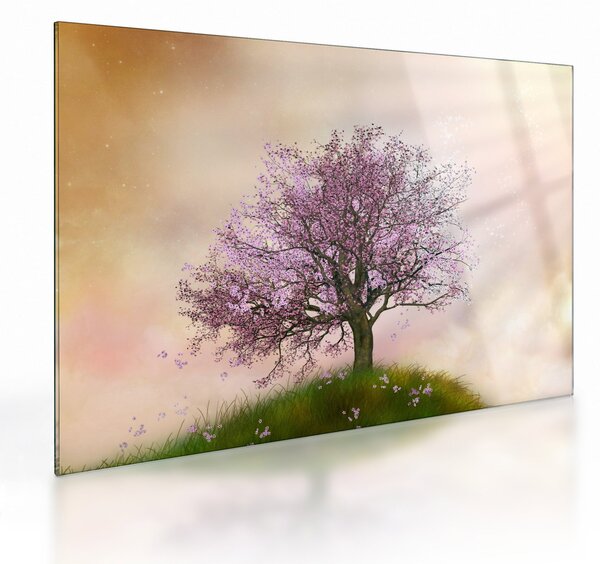 Skleněný obraz rozkvetlého stromu na vrcholku kopce (70x50 cm)