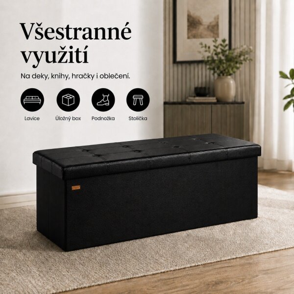 Černá lavice, taburet s úložným prostorem, skládací