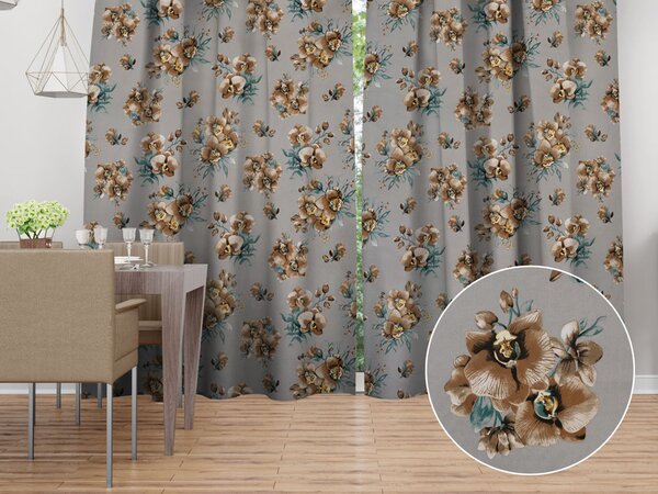 Biante Bavlněný závěs Sandra SA-622 Hnědé orchideje na šedém 150x140 cm