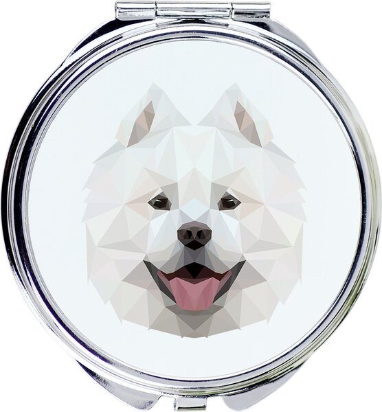 Zrcadlo s fotografií a geometrickým vzorem značky Art-Dog, zobrazující plemeno Samojed (Samojede, Samoyed, Samojedenhund, Samojedenspitz)