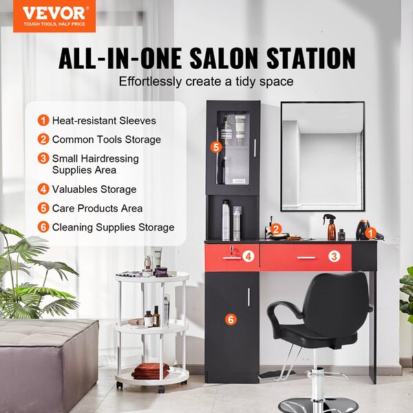 VEVOR kadeřnická stanice, nástěnná, kadeřnická stanice pro kadeřníky, sada nábytku pro beauty spa, 1 skříňka, 3 přihrádky a 2 zásuvky (jedna uzamykatelná), černo-červená, 102,8 x 30 x 170 cm