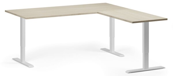 Rohový výškově nastavitelný stůl, 180x180 cm, 3 motory, L/P, bílá podnož, dub přírodní