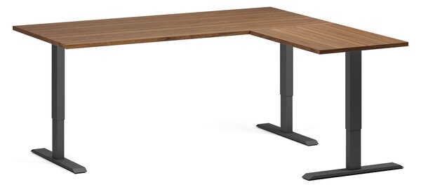 Rohový výškově nastavitelný stůl, 180x160 cm, 3 motory, L/P, černá podnož, ořech