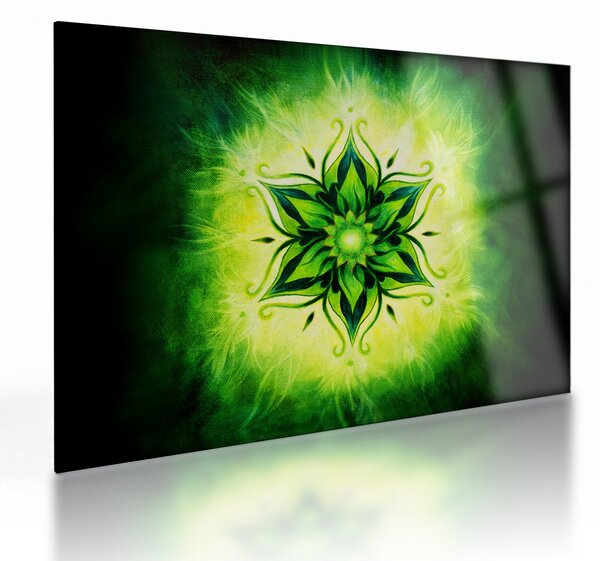 Skleněný obraz - Květinová mandala v zeleném pozadí (70x50 cm)