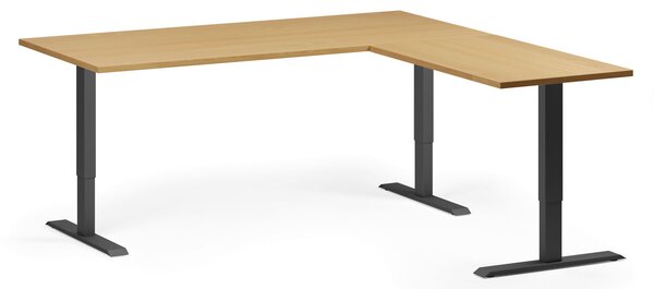 Rohový výškově nastavitelný stůl, 180x180 cm, 3 motory, L/P, černá podnož, buk