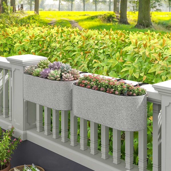 Outsunny sada 2× závěsných oválných truhlíků se samozavlažováním, vypouštěcím ventilem a háčky — 42 × 16 × 15 cm, světle šedá | Aosom