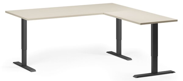 Rohový výškově nastavitelný stůl, 180x180 cm, 3 motory, L/P, černá podnož, bříza