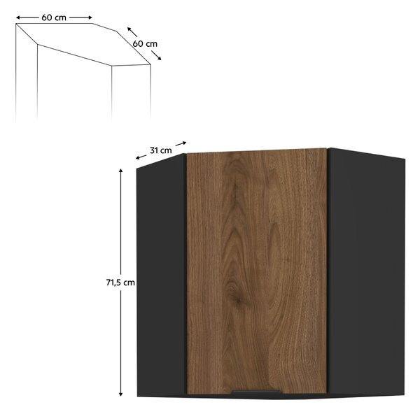 Kondela Horní rohová kuchyňská skříňka Menzo 60x60 GN-72 1F - černá / ořech