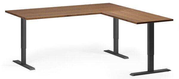 Rohový výškově nastavitelný stůl, 180x180 cm, 3 motory, L/P, černá podnož, ořech