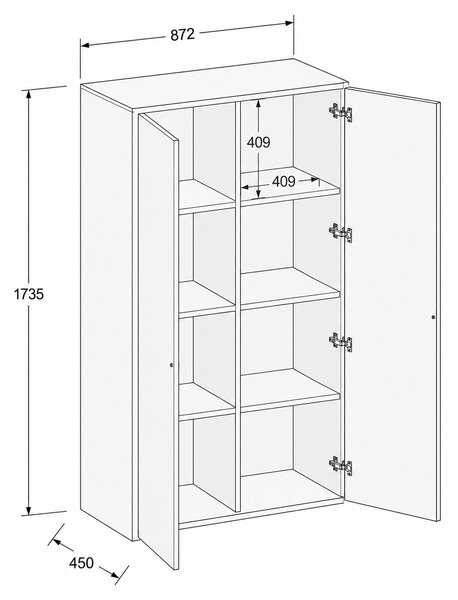 Kancelářská skříň FRAME, 2x dveře, 872 x 450 x 1735 mm, PUSH-lock, šedá