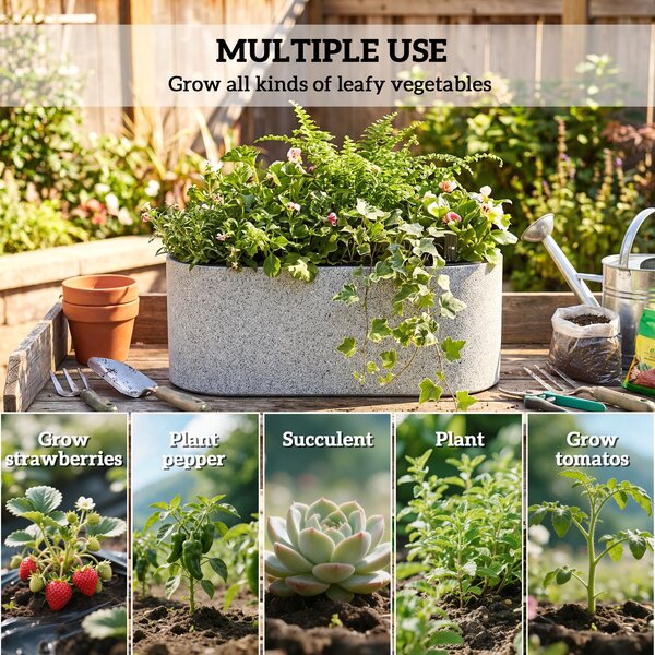 Outsunny sada 2× závěsných oválných truhlíků se samozavlažováním, vypouštěcím ventilem a háčky — 42 × 16 × 15 cm, světle šedá | Aosom