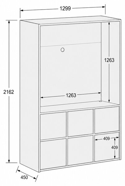 Kancelářská skříň FRAME, 6x dveře, prostor pro TV, 1299 x 450 x 2162 mm, PUSH-lock, bílá