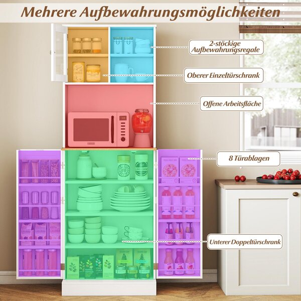 Kuchyňská skříňka COSTWAY 170 cm, vysoká bufetová skříňka, vysoká skříňka se 2 skleněnými dvířky, 8 dveřních polic, pracovní deska a nastavitelné police, víceúčelová skříňka, bílá