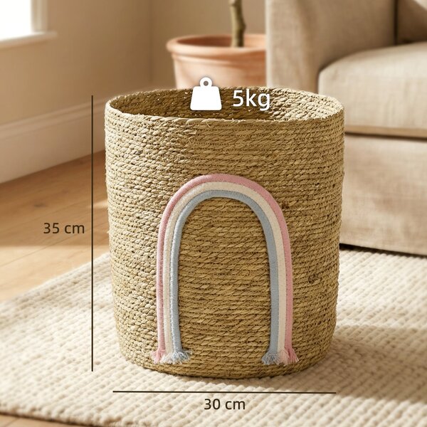 HOMCOM pletený úložný koš z mořské trávy s duhovým akcentem — přírodní, Ø30×35 cm | Aosom