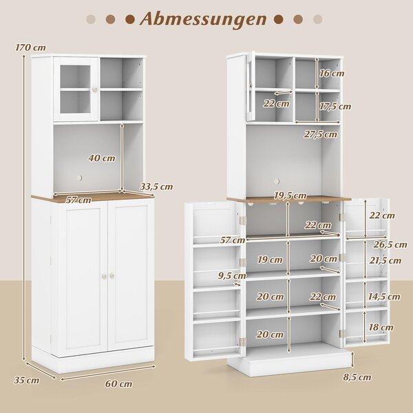 Kuchyňská skříňka COSTWAY 170 cm, vysoká bufetová skříňka, vysoká skříňka se 2 skleněnými dvířky, 8 dveřních polic, pracovní deska a nastavitelné police, víceúčelová skříňka, bílá