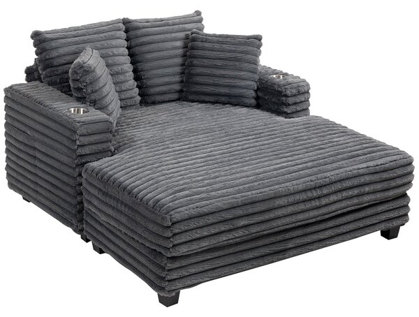 HOMCOM rozkládací pohovka pro 2 s chaise, šedý kordurový potah, polštářky, držáky na nápoje — 134 × 151 × 89 cm | Aosom