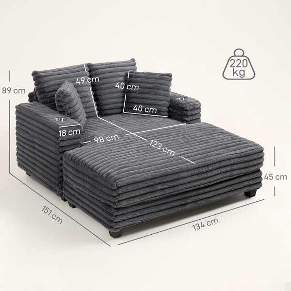 HOMCOM rozkládací pohovka pro 2 s chaise, šedý kordurový potah, polštářky, držáky na nápoje — 134 × 151 × 89 cm | Aosom