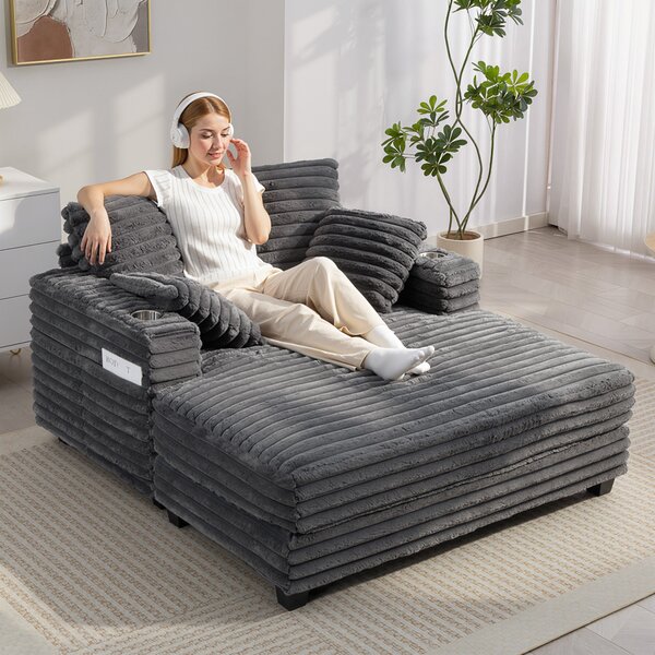 HOMCOM rozkládací pohovka pro 2 s chaise, šedý kordurový potah, polštářky, držáky na nápoje — 134 × 151 × 89 cm | Aosom