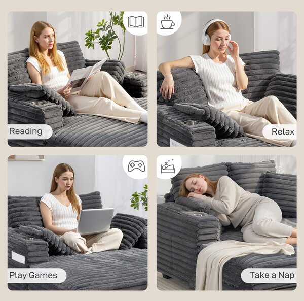 HOMCOM rozkládací pohovka pro 2 s chaise, šedý kordurový potah, polštářky, držáky na nápoje — 134 × 151 × 89 cm | Aosom