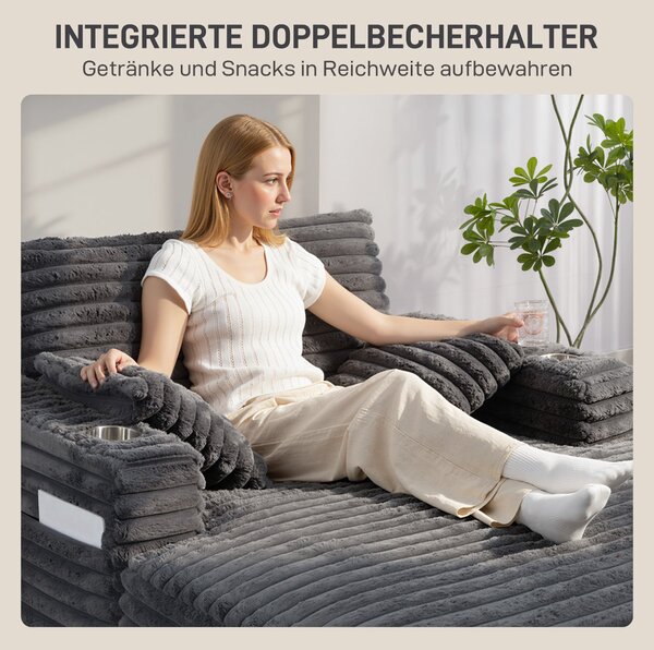 HOMCOM rozkládací pohovka pro 2 s chaise, šedý kordurový potah, polštářky, držáky na nápoje — 134 × 151 × 89 cm | Aosom