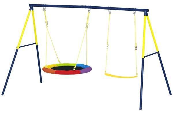 AIYAPLAY dětská dvojitá houpačka – zahradní hřiště s nastavitelnými lany, kovový rám, 3–8 let, nosnost 150 kg, vícebarevná | Aosom