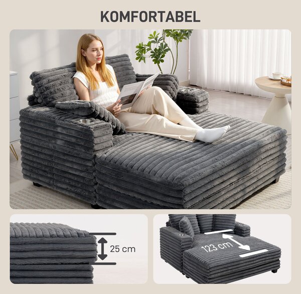 HOMCOM rozkládací pohovka pro 2 s chaise, šedý kordurový potah, polštářky, držáky na nápoje — 134 × 151 × 89 cm | Aosom