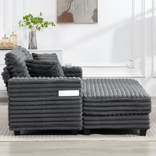 HOMCOM rozkládací pohovka pro 2 s chaise, šedý kordurový potah, polštářky, držáky na nápoje — 134 × 151 × 89 cm | Aosom