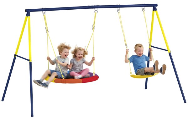 AIYAPLAY dětská dvojitá houpačka – zahradní hřiště s nastavitelnými lany, kovový rám, 3–8 let, nosnost 150 kg, vícebarevná | Aosom