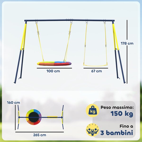 AIYAPLAY dětská dvojitá houpačka – zahradní hřiště s nastavitelnými lany, kovový rám, 3–8 let, nosnost 150 kg, vícebarevná | Aosom