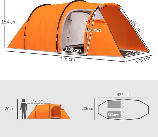 Outsunny tunelový stan pro 2–3 osoby, předsíňka a háček na lampu, voděodolnost 2000 mm, rodinný/střední stan na cestování, trekking, zahradu – oranžov