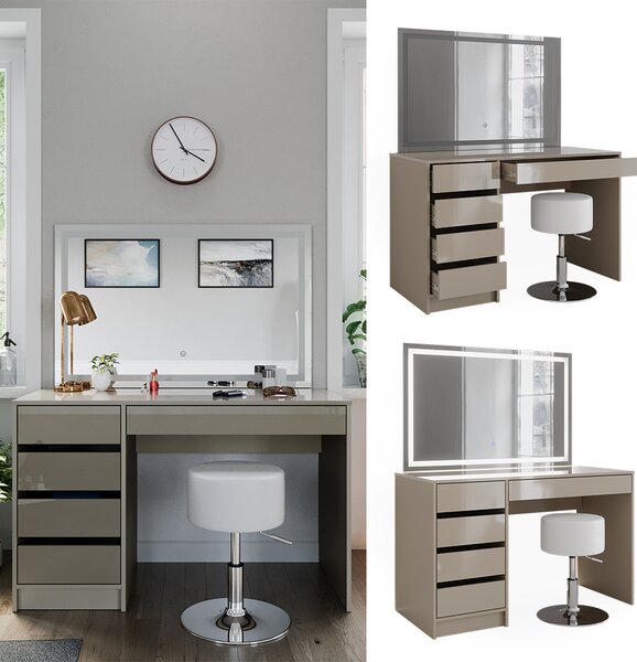 Toaletní stolek Vicco Sherry Greige 120 cm se zrcadlem LED a stoličkou, Model 47702