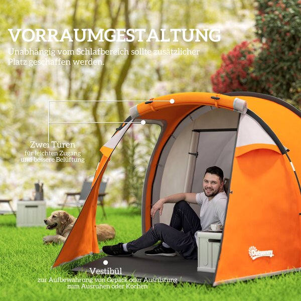 Outsunny tunelový stan pro 2–3 osoby, předsíňka a háček na lampu, voděodolnost 2000 mm, rodinný/střední stan na cestování, trekking, zahradu – oranžov