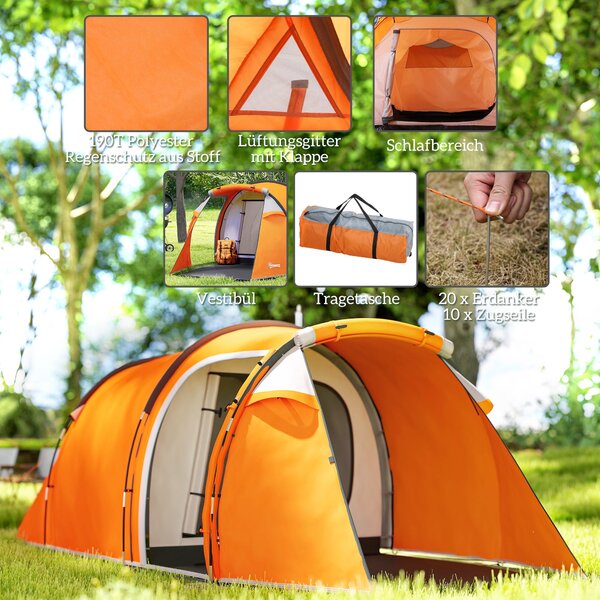 Outsunny tunelový stan pro 2–3 osoby, předsíňka a háček na lampu, voděodolnost 2000 mm, rodinný/střední stan na cestování, trekking, zahradu – oranžov