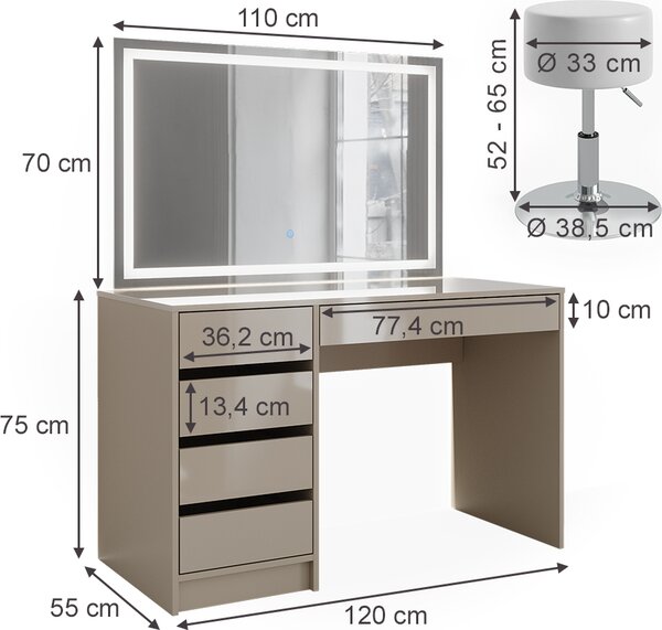 Toaletní stolek Vicco Sherry Greige 120 cm se zrcadlem LED a stoličkou, Model 47702