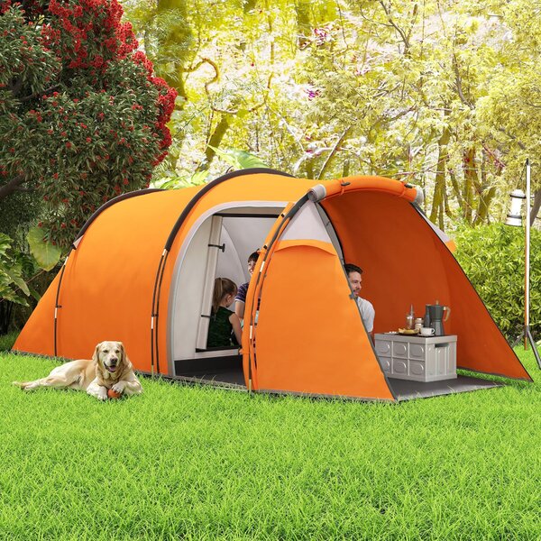 Outsunny tunelový stan pro 2–3 osoby, předsíňka a háček na lampu, voděodolnost 2000 mm, rodinný/střední stan na cestování, trekking, zahradu – oranžov
