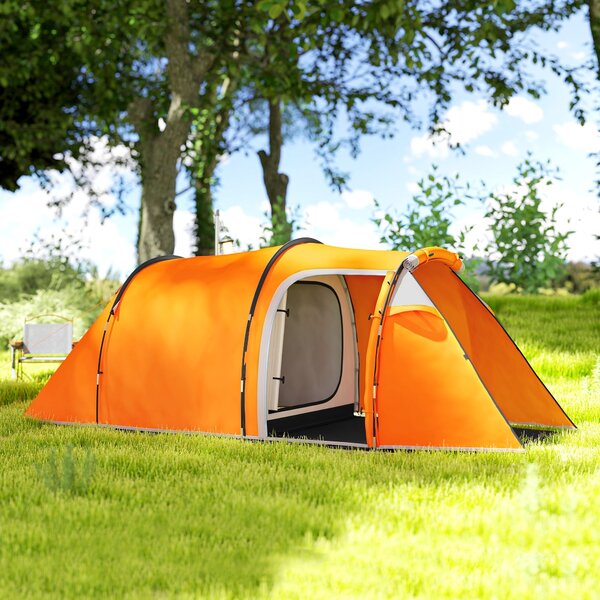 Outsunny tunelový stan pro 2–3 osoby, předsíňka a háček na lampu, voděodolnost 2000 mm, rodinný/střední stan na cestování, trekking, zahradu – oranžov