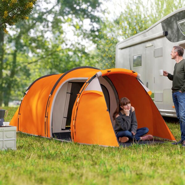 Outsunny tunelový stan pro 2–3 osoby, předsíňka a háček na lampu, voděodolnost 2000 mm, rodinný/střední stan na cestování, trekking, zahradu – oranžov