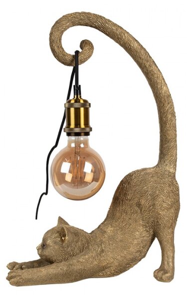 Stolní lampa ve tvaru zlaté protahující se kočky držící žárovku ocasem – 31x17x49 cm