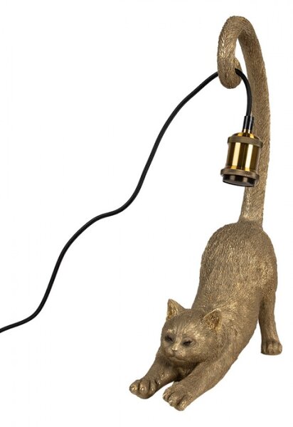 Stolní lampa ve tvaru zlaté protahující se kočky držící žárovku ocasem – 31x17x49 cm