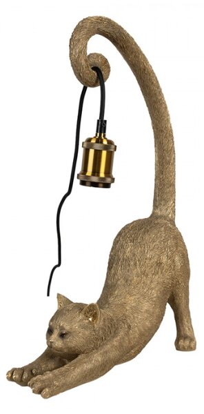 Stolní lampa ve tvaru zlaté protahující se kočky držící žárovku ocasem – 31x17x49 cm
