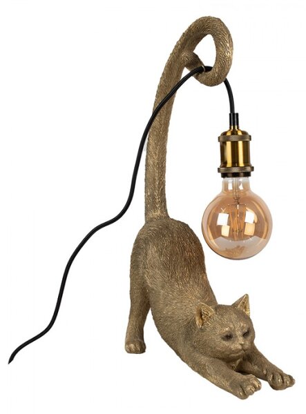Stolní lampa ve tvaru zlaté protahující se kočky držící žárovku ocasem – 31x17x49 cm