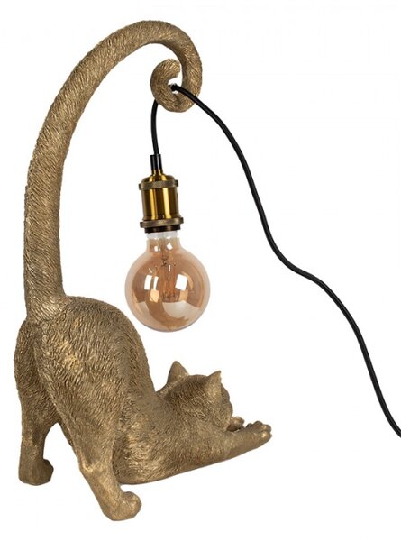 Stolní lampa ve tvaru zlaté protahující se kočky držící žárovku ocasem – 31x17x49 cm