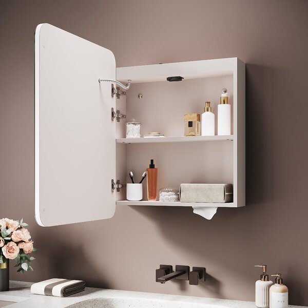 SONNI 55 x 70 x 15 cm Jednodveřová zrcadlová skříňka ze dřeva Urban Beige Proti mlžení Zásuvka pro nabíjení holicího strojku Včetně krabičky na kapesníky