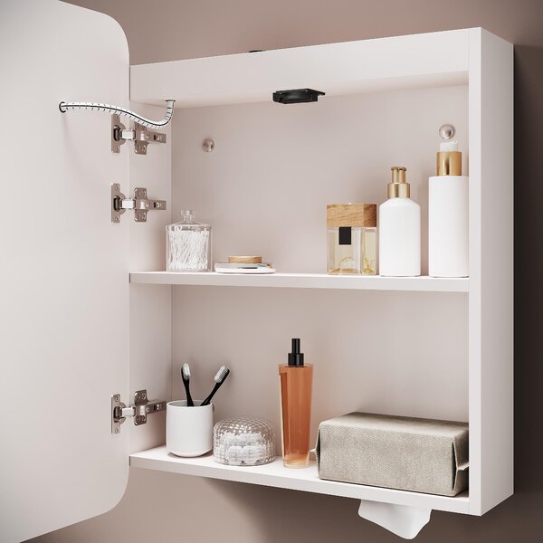 SONNI 55 x 70 x 15 cm Jednodveřová zrcadlová skříňka ze dřeva Urban Beige Proti mlžení Zásuvka pro nabíjení holicího strojku Včetně krabičky na kapesníky
