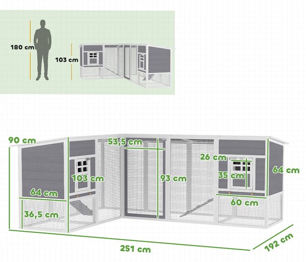 PawHut velký venkovní dřevěný kurník do rohu (L‑tvar) s 2 hnízdovými boxy, výběhem, vysouvacími tácy, PET střechou a nájezdy, vyvýšený box pro králíky